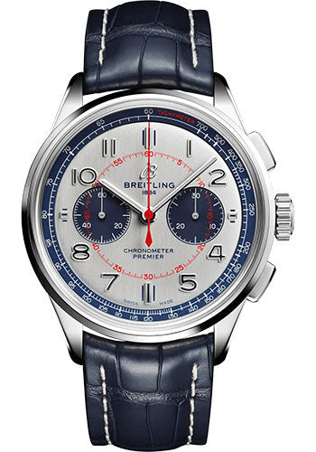 Breitling Premier AB0118A71G1P1 B01 Chronograph 42 Bentley Mulliner Limited Edition Stainless Steel - Silver Dial - Blue Alligator Leather Strap - Folding Buckle Limited Edition of 1000