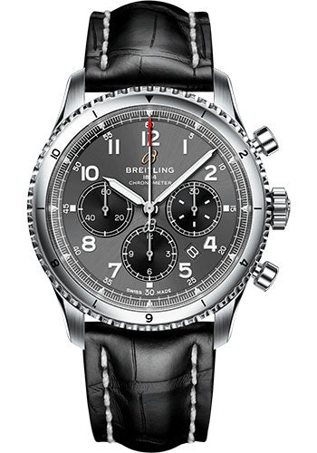 Breitling Aviator 8 AB0119131B1P2 B01 Chronograph 43 Stainless Steel - Anthracite Dial - Black Alligator Leather Strap - Folding Buckle