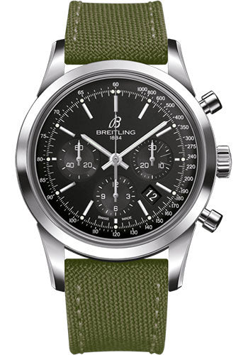 Breitling AB015212/BA99/106W/A20BA.1 Transocean Chronograph Steel - Black Dial - Khaki Green Military Strap - Tang Buckle