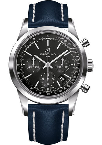 Breitling AB015212/BA99/112X/A20D.1 Transocean Chronograph Steel - Black Dial - Blue Leather Strap - Folding Buckle Main image