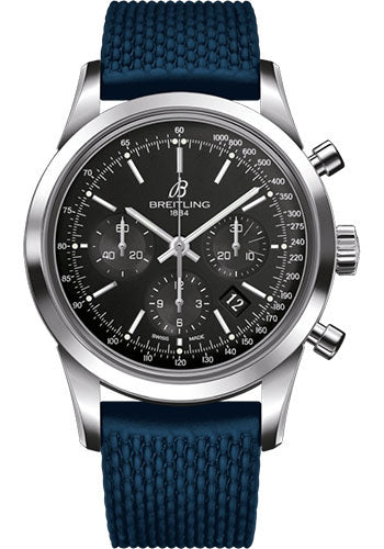 Breitling AB015212/BA99/281S/A20D.2 Transocean Chronograph Steel - Black Dial - Blue Rubber Aero Classic Strap - Folding Buckle