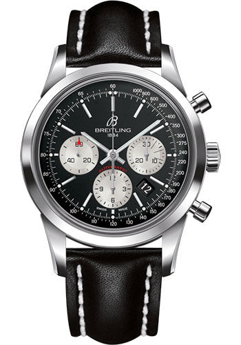 Breitling AB015212/BF26/435X/A20BA.1 Transocean Chronograph Steel - Black Dial - Black Leather Strap - Tang Buckle