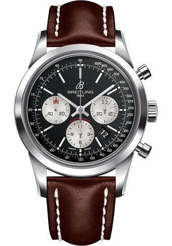 Breitling AB015212/BF26/437X/A20BA.1 Transocean Chronograph Steel - Black Dial - Brown Leather Strap - Tang Buckle