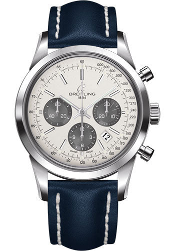 Breitling AB015212/G724/112X/A20D.1 Transocean Chronograph Steel - Mercury Silver Dial - Blue Leather Strap - Folding Buckle