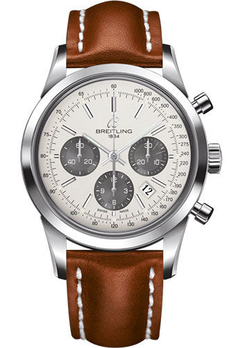 Breitling AB015212/G724/433X/A20BA.1 Transocean Chronograph Steel - Mercury Silver Dial - Gold Leather Strap - Tang Buckle Main image