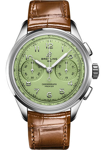 Breitling Premier AB0930D31L1P1 B09 Chronograph 40 Stainless Steel - Pistachio Green Dial - Gold Brown Alligator Leather Strap - Folding Buckle Main image