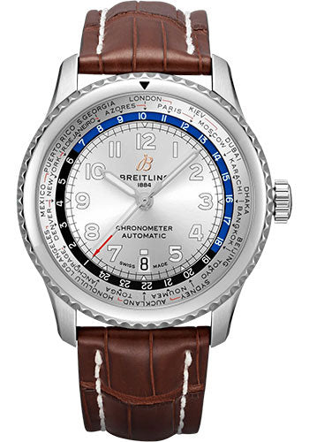 Breitling Aviator 8 AB3521U01G1P3 B35 Automatic Unitime 43 Stainless Steel - Silver Dial - Brown Alligator Leather Strap - Folding Buckle Main image