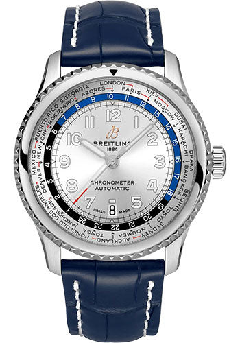 Breitling Aviator 8 AB3521U01G1P4 B35 Automatic Unitime 43 Stainless Steel - Silver Dial - Blue Alligator Leather Strap - Folding Buckle Main image