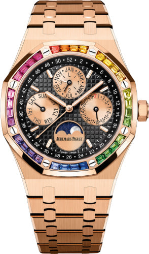 Audemars Piguet Royal Oak 26614OR.YY.1220OR.01 Pink Rose Gold Perpetual Calendar Rainbow Sapphires Bezel
