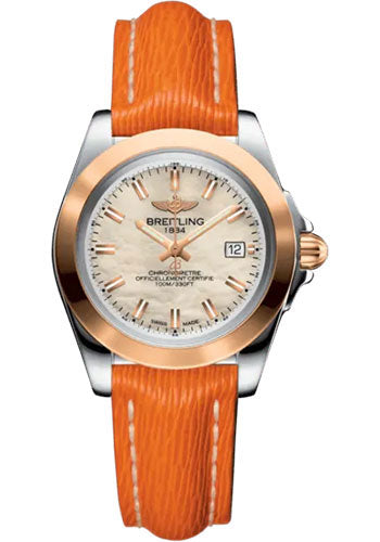 Breitling C71330121A1X1 Galactic 32 Sleek Steel and 18K Rose Gold - Mother-Of-Pearl Dial - Orange Calfskin Leather Strap - Tang Buckle