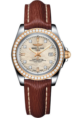 Breitling C7133053/A803/211X/A14BA.1 Galactic 32 Sleek Steel & rose Gold, gem-set bezel - Mother-Of-Pearl Diamond Dial - Brown Sahara Strap - Tang Buckle
