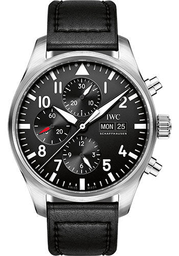 IWC Pilot IW377709 's Chronograph - 43mm Stainless Steel Case - Black Dial - Black Santoni Calfskin Strap