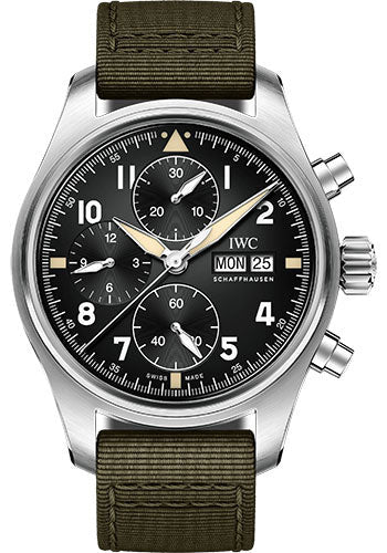 IWC Pilot IW387901 's Chronograph Spitfire - 41.0mm Stainless Steel Case - Black Dial - Green Textile Strap Main image