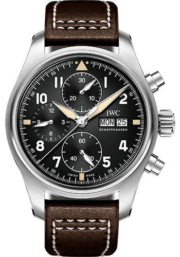 IWC Pilot IW387903 's Chronograph Spitfire - 41.0mm Stainless Steel Case - Black Dial - Brown Calfskin Strap