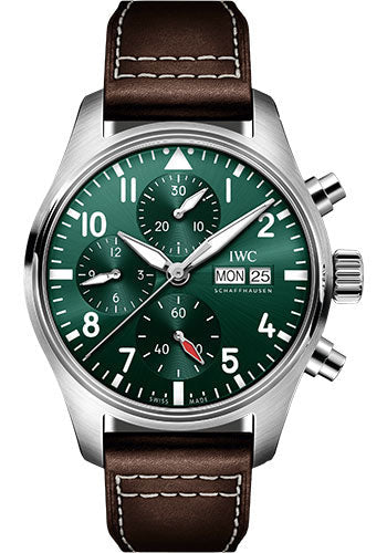 IWC Pilot IW388103 's Chronograph 41 - Stainless Steel Case - Green Dial - Brown Calfskin Strap