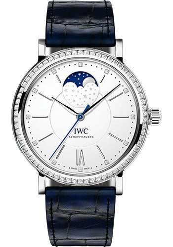 IWC Portofino IW459008 Automatic Moon Phase 37 37.0mm Stainless Steel Case - Diamond Bezel - Silver Dial - Blue Alligator Strap Main image