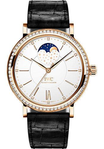 IWC Portofino IW459009 Automatic Moon Phase 37 37.0mm 5N Gold Case - Diamond Bezel - Silver Dial - Black Alligator Strap Main image