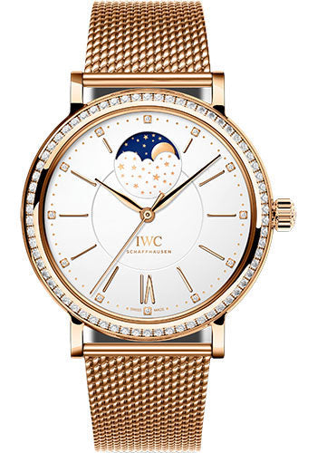 IWC Portofino IW459010 Automatic Moon Phase 37 37.0mm 5N Gold Case - Diamond Bezel - Silver Dial - Milanaise Mesh 5N Gold Bracelet