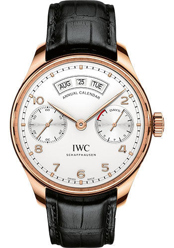 IWC Portugieser IW503504 Annual Calendar 44.2mm Red Gold Case - Silver Dial - Black Alligator Strap