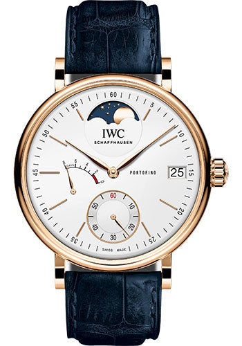 IWC Portofino IW516409 Hand-Wound Moon Phase - 18K 5N Gold Case - Silver-Plated Dial - Blue Alligator Leather Strap