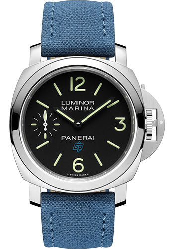 Panerai Luminor PAM00777 Logo - 44mm - Brushed Steel - Black Dial - Blue Canvas Strap