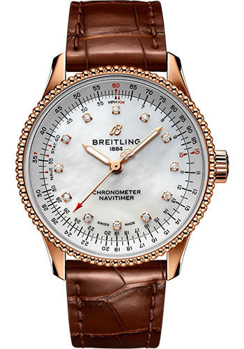Breitling Navitimer R17395211A1P1 Automatic 35 18K Red Gold - Mother-Of-Pearl Dial - Brown Alligator Leather Strap - Tang Buckle