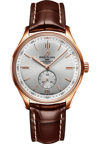 Breitling Premier R37340351G1P1 Automatic 40 18k Red Gold - Silver Dial - Brown Alligator Strap - Tang Buckle
