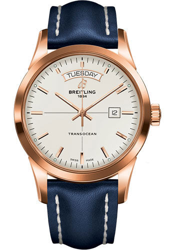 Breitling R4531012/G752/105X/R20BA.1 Transocean Day & Date 18k Red Gold - Mercury Silver Dial - Blue Leather Strap - Tang Buckle Main image