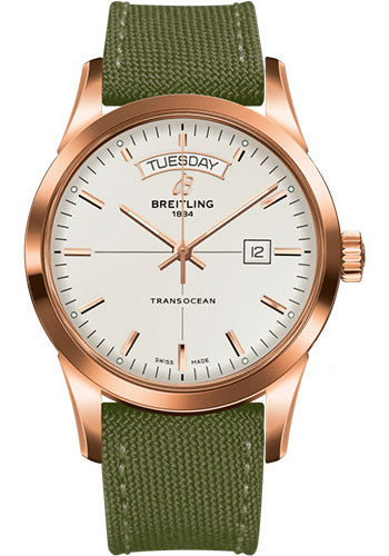 Breitling R4531012/G752/106W/R20BA.1 Transocean Day & Date 18k Red Gold - Mercury Silver Dial - Khaki Green Military Strap - Tang Buckle Main image
