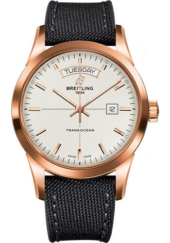 Breitling R4531012/G752/109W/R20BA.1 Transocean Day & Date 18k Red Gold - Mercury Silver Dial - Anthracite Military Strap - Tang Buckle