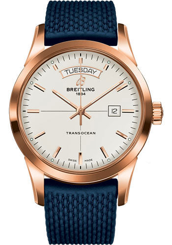 Breitling R4531012/G752/281S/R20D.3 Transocean Day & Date 18k Red Gold - Mercury Silver Dial - Blue Rubber Aero Classic Strap