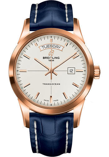 Breitling R4531012/G752/732P/R20D.1 Transocean Day & Date 18k Red Gold - Mercury Silver Dial - Blue Croco Strap - Folding Buckle Main image