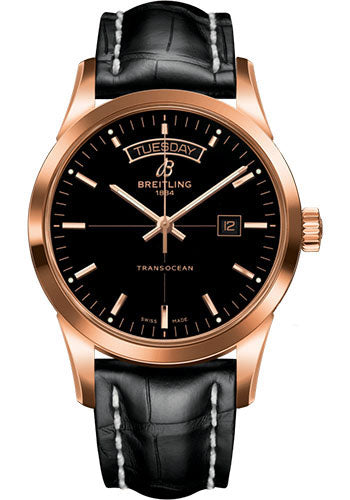 Breitling R45310121B1P1 Transocean Day & Date 18k Red Gold - Black Dial - Black Croco Strap - Tang Buckle