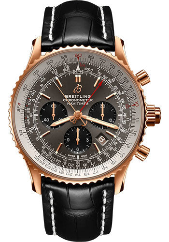 Breitling Navitimer RB0311E61F1P1 B03 Chronograph Rattrapante 45 18K Red Gold - Anthracite Dial - Black Alligator Leather Strap - Tang Buckle