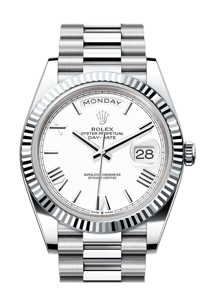 Rolex Day-Date 228236 40 White Dial Fluted Bezel Platinum President Men's