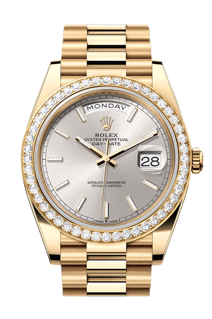 Rolex Day-Date 228348 40 Silver Dial Diamond Bezel Yellow Gold President Men's RBR
