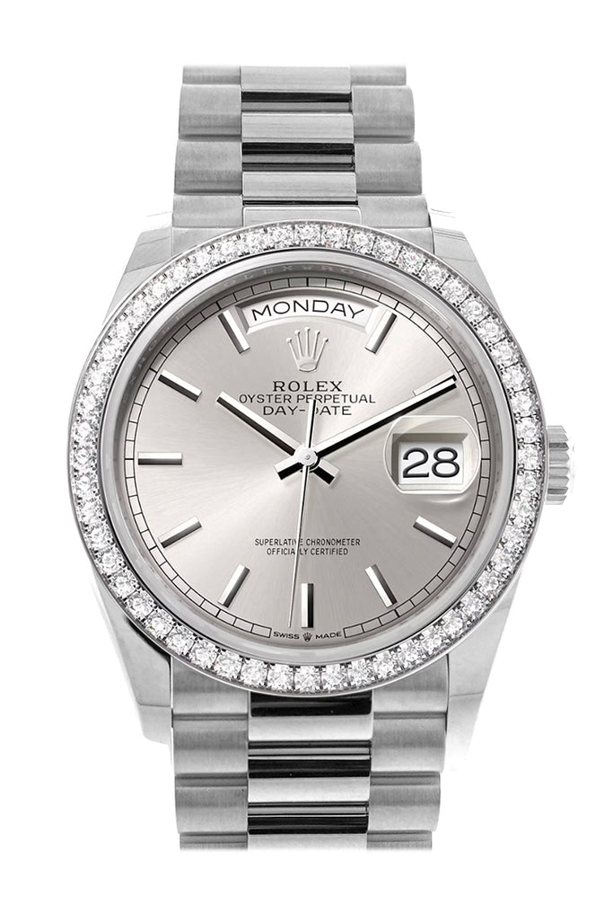 Rolex Day-Date 128349RBR 36 Silver Dial Diamond Bezel White gold President Main image