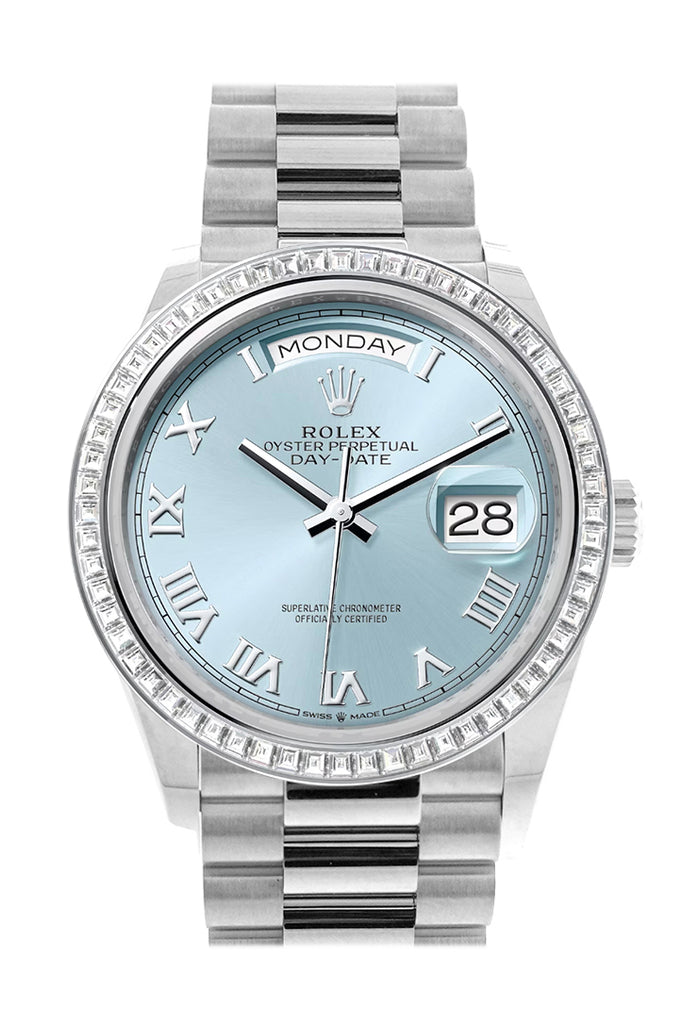 Rolex Day-Date 128396TBR 36 Ice Blue Roman Dial Diamond Bezel Platinum President