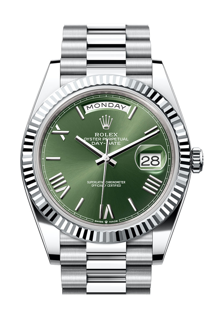Rolex Day-Date 228236 40 Olive Green Dial Fluted Bezel Platinum President Men's