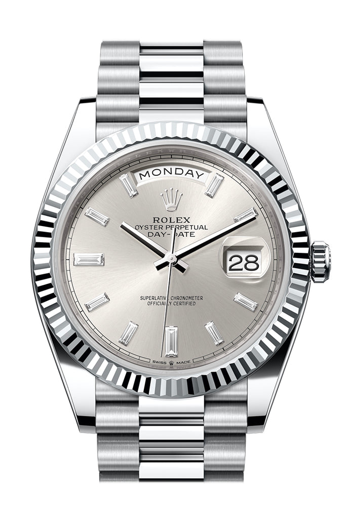 Rolex Day-Date 228236 40 Silver Diamonds Dial Fluted Bezel Platinum President Men's