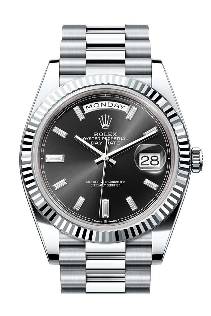 Rolex Day-Date 228236 40 Bright Black 10 baguette-cut Diamonds Dial Fluted Bezel Platinum President Men's