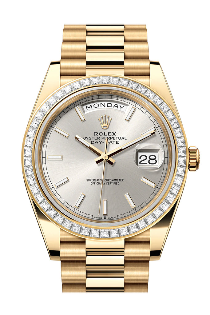 Rolex Day-Date 228398TBR 40 Silver Dial Baguette Diamond Bezel 18K Yellow Gold President Men's