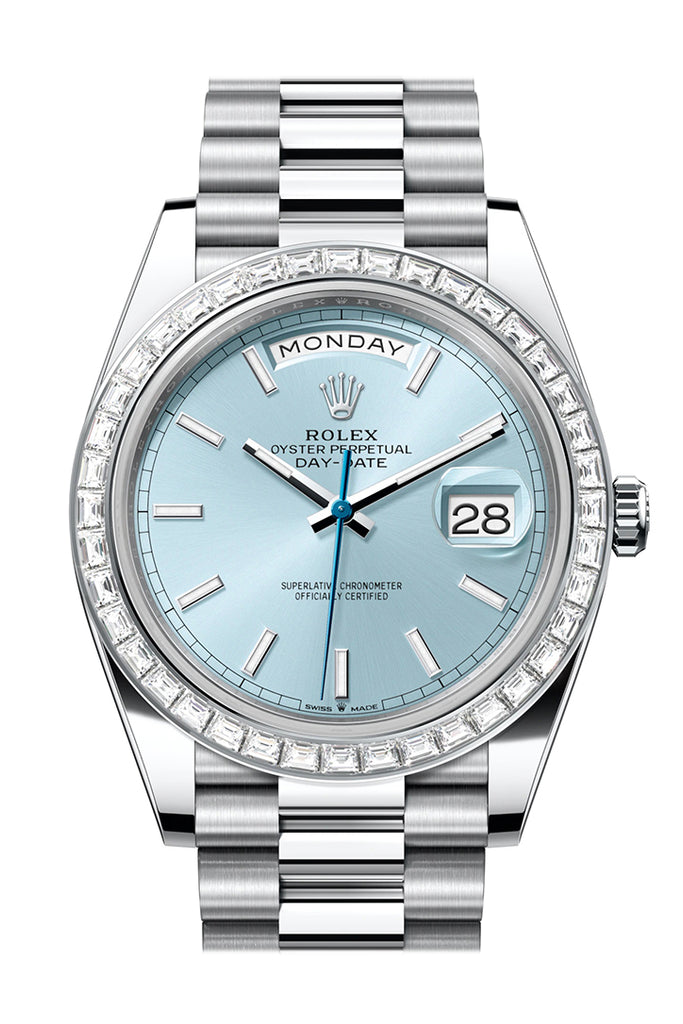 Rolex Day-Date 228396TBR 40 Ice Blue Dial Baguette Diamond Bezel Platinum President Men's