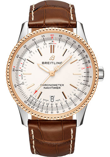 Breitling Navitimer U17325211G1P2 Automatic 38 Steel & Red Gold - Silver Dial - Gold Croco Strap - Folding Buckle