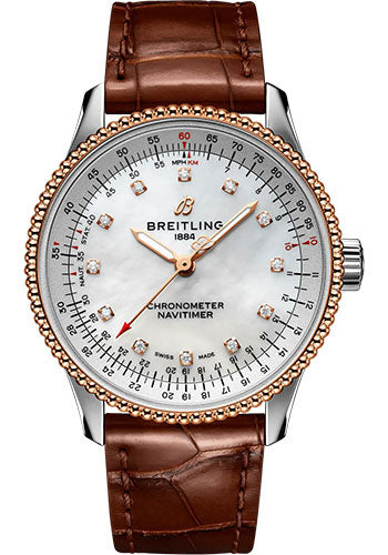 Breitling Navitimer U17395211A1P2 Automatic 35 Steel and 18K Rose Gold - Mother-Of-Pearl Dial - Brown Alligator Leather Strap - Folding Buckle