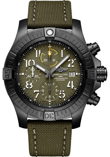 Breitling Avenger V13317101L1X1 Chronograph 45 Night Mission DLC-Coated Titanium - Green Dial - Khaki Green Calfskin Leather Strap - Tang Buckle Main image