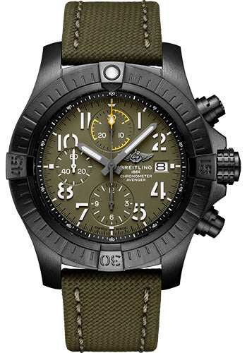 Breitling Avenger V13317101L1X2 Chronograph 45 Night Mission DLC-Coated Titanium - Green Dial - Khaki Green Calfskin Leather Strap - Folding Buckle Main image