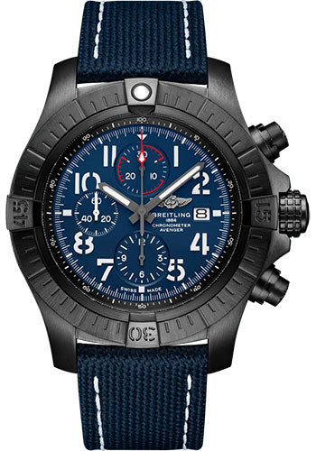 Breitling Avenger V13375101C1X2 Super Chronograph 48 Night Mission DLC-Coated Titanium - Blue Dial - Blue Calfskin Leather Strap - Folding Buckle