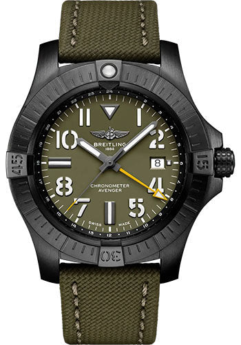 Breitling Avenger V323952A1L1X2 Automatic GMT 45 Night Mission Limited Edition DLC-Coated Titanium - Green Dial - Khaki Green Calfskin Leather Strap - Folding Buckle Limited Edition of 2000