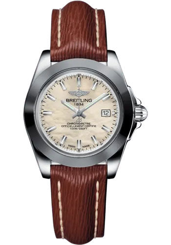 Breitling W71330121A2X1 Galactic 32 Sleek Steel and Tungsten - Mother-Of-Pearl Dial - Brown Calfskin Leather Strap - Tang Buckle
